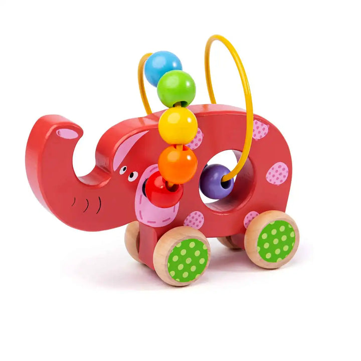 Bigjigs Toys children's push along red elephant with colourful beads on a white background