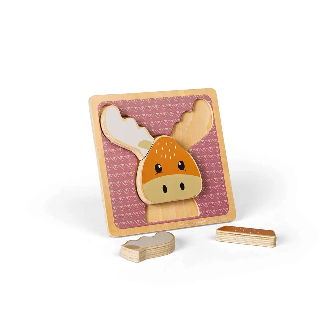 Bigjigs Toys children's wooden puzzle of a reindeer face on a pink background