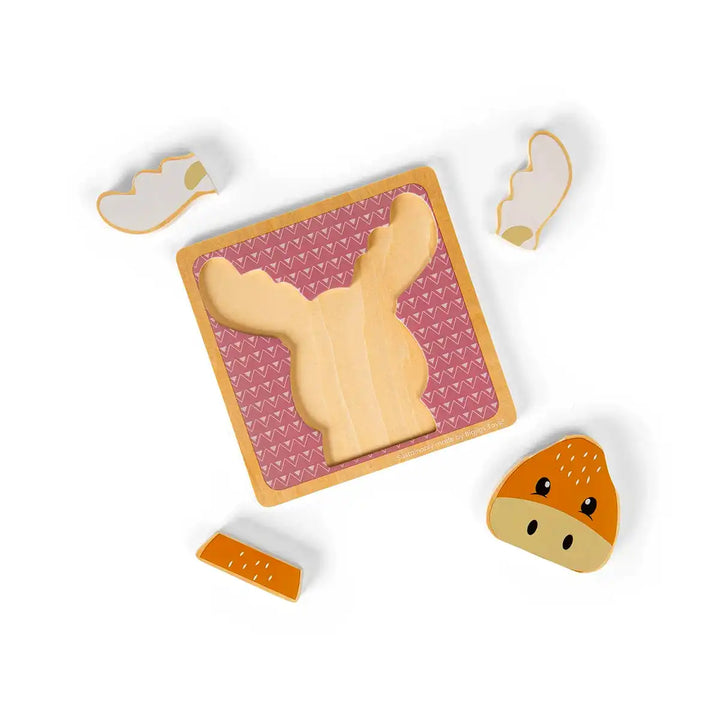 Bigjigs Toys children's wooden puzzle of a reindeer face on a pink background
