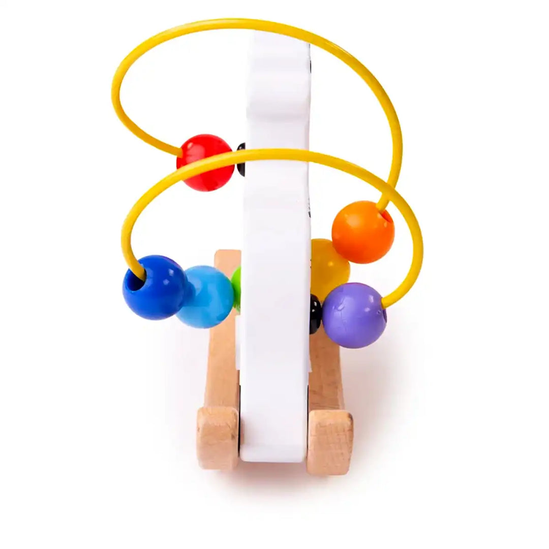 Bigjigs Toys wooden rocking cow bead frame with colourful beads on a white background