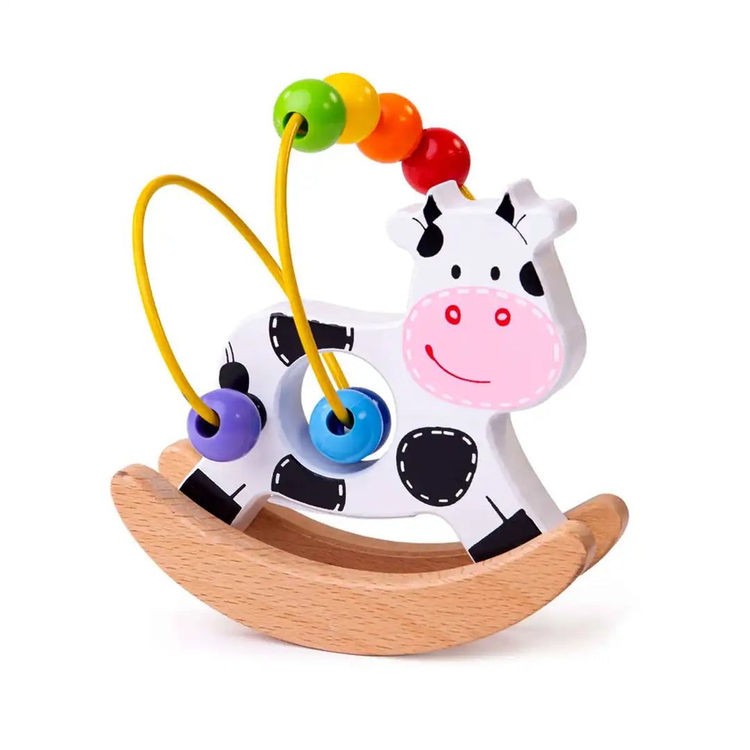Bigjigs Toys wooden rocking cow bead frame with colourful beads on a white background