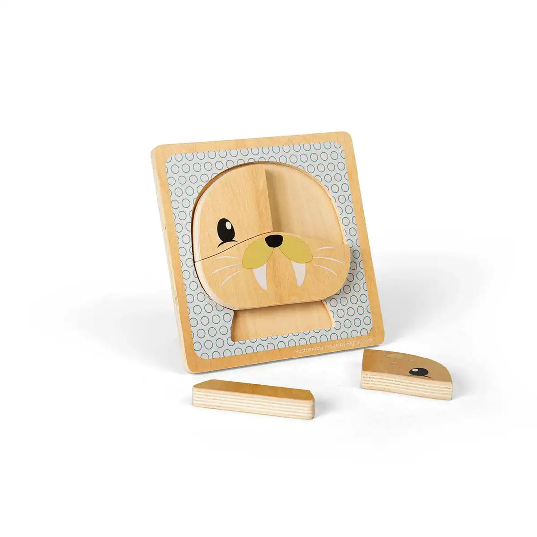 Bigjigs Toys children's wooden puzzle of a seal face on a grey background