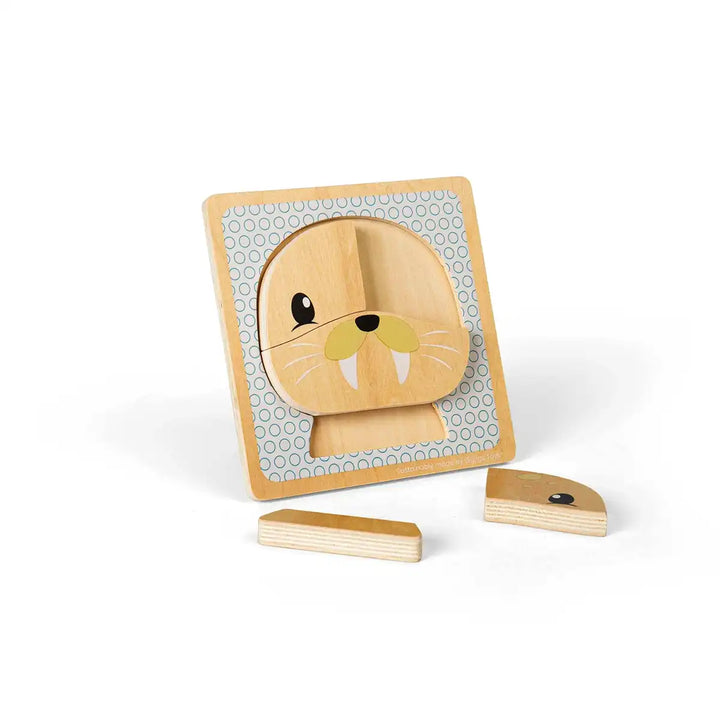 Bigjigs Toys children's wooden puzzle of a seal face on a grey background
