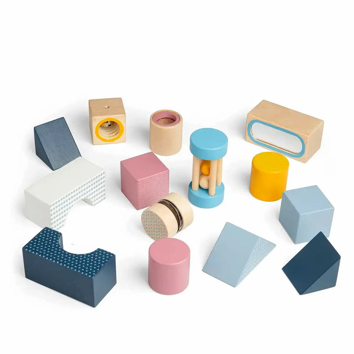 Bigjigs toys colourful geometric wooden sensory explorer blocks on a white background