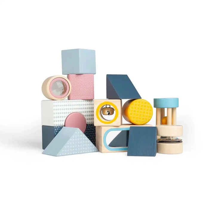 Bigjigs toys colourful geometric wooden sensory explorer blocks on a white background
