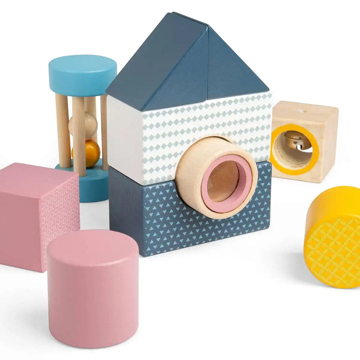 Bigjigs toys colourful geometric wooden sensory explorer blocks on a white background