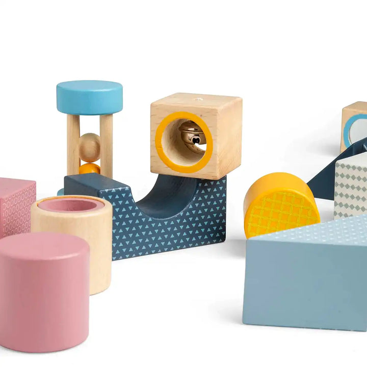 Bigjigs toys colourful geometric wooden sensory explorer blocks on a white background