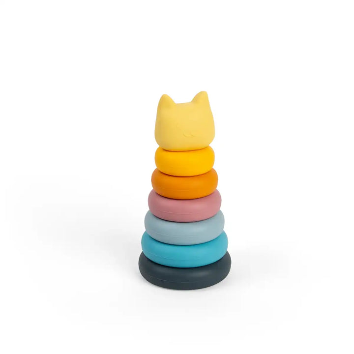 Bigjigs Toys stack of colourful silicone rings with a cat-shaped top on a white background