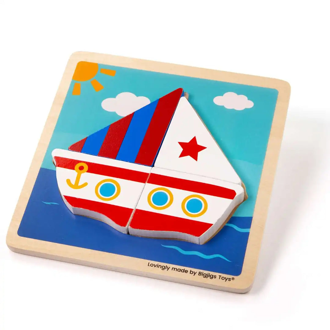 Bigjigs Toys wooden boat puzzle with colourful background on a white surface