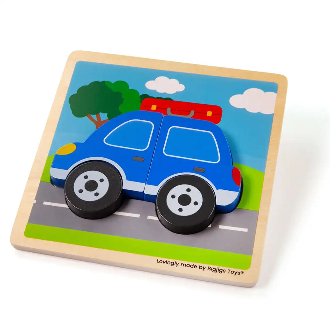 Bigjigs Toys wooden car puzzle with colourful background on a white surface