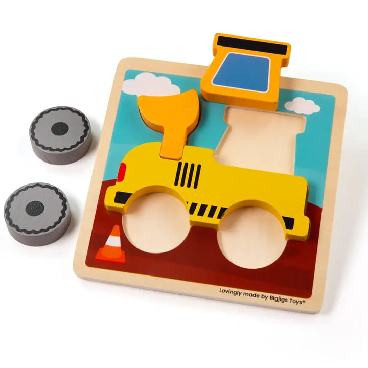 Bigjigs Toys wooden digger puzzle details with colourful background on a white surface