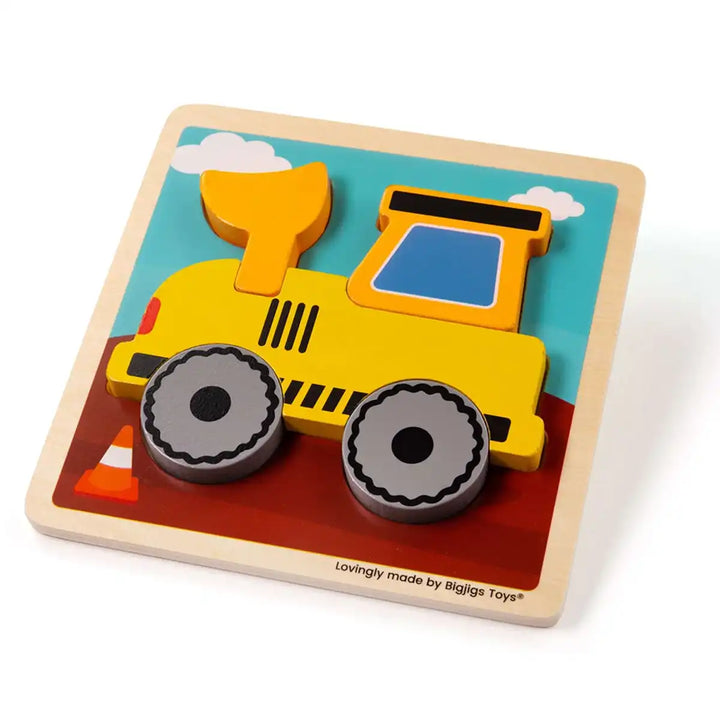 Bigjigs Toys wooden digger puzzle with colourful background on a white surface