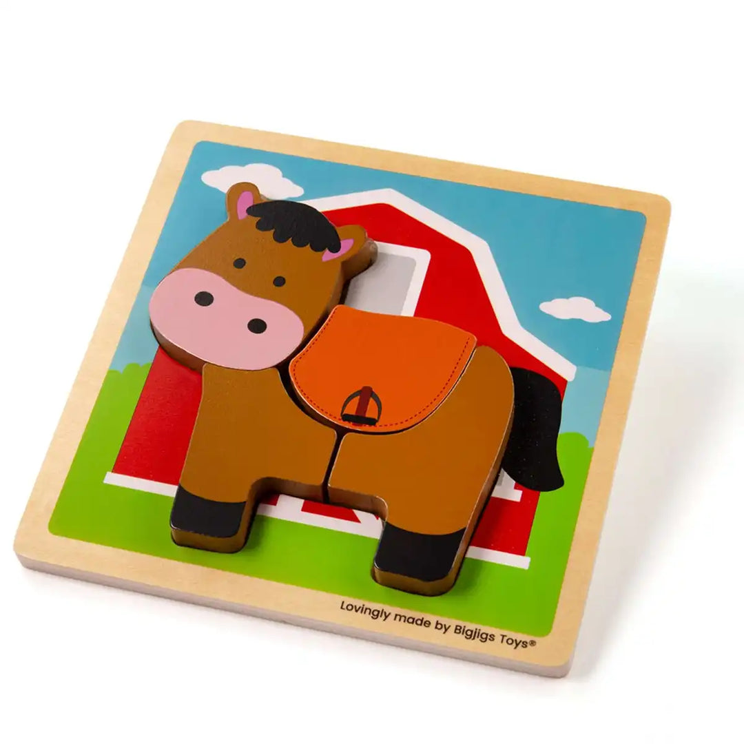 Bigjigs Toys wooden horse puzzle with colourful background on a white surface