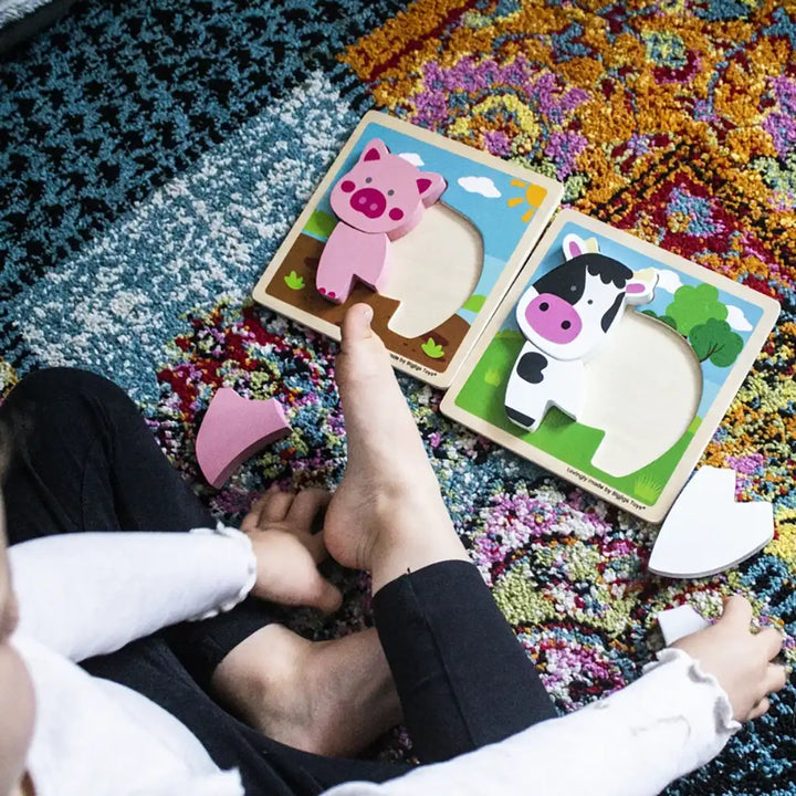 Children playing with Bigjigs Toys pig themed wooden puzzles on a colourful rug.