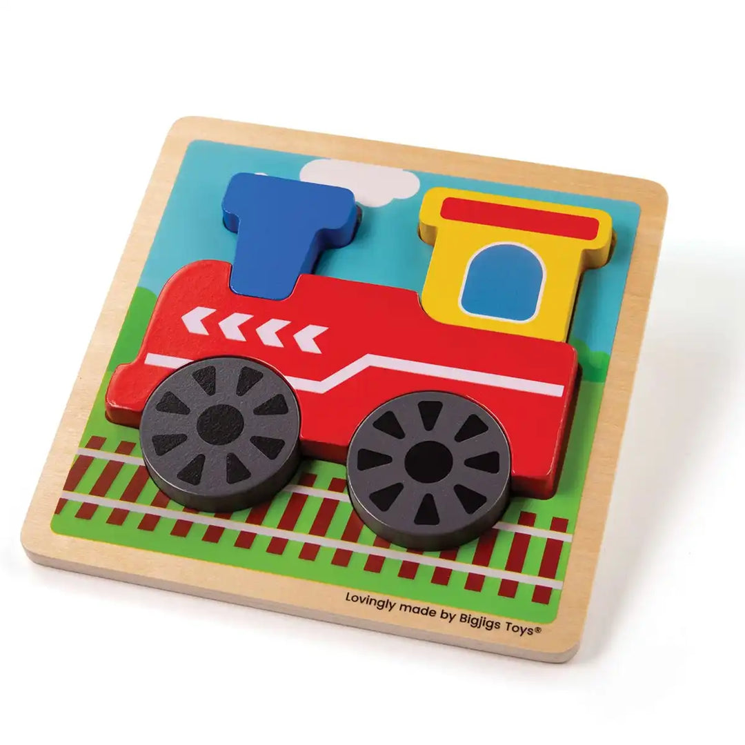 Bigjigs Toys wooden train puzzle with colourful background on a white surface