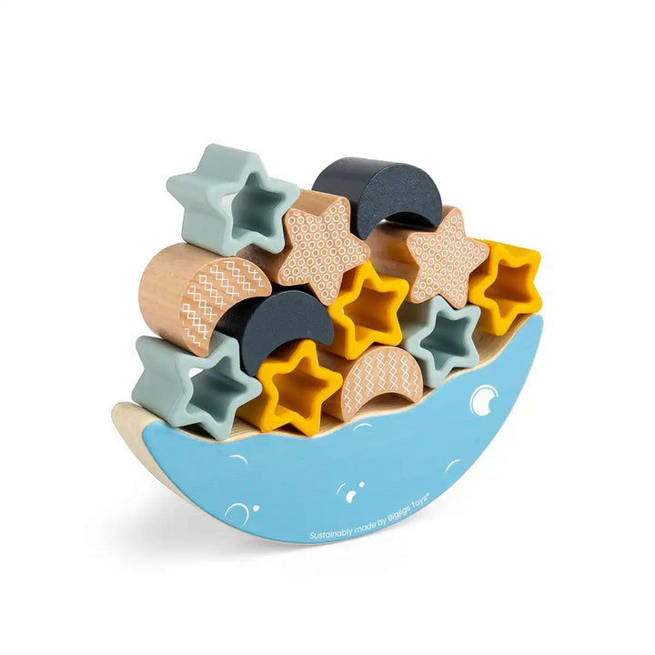 Bigjigs Toys wooden and silicone shape sorting toy with stars and moons on a white background