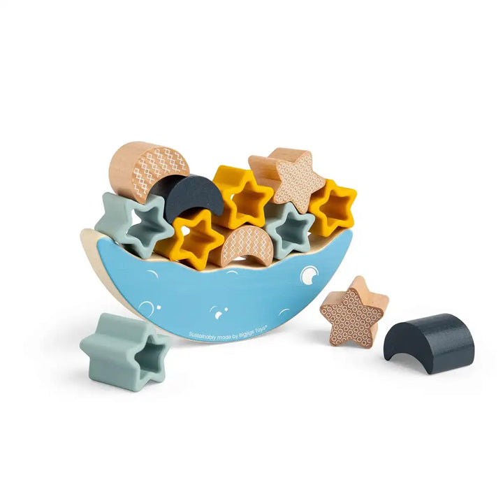 Bigjigs Toys wooden shape sorting toy with stars and moons on a white background