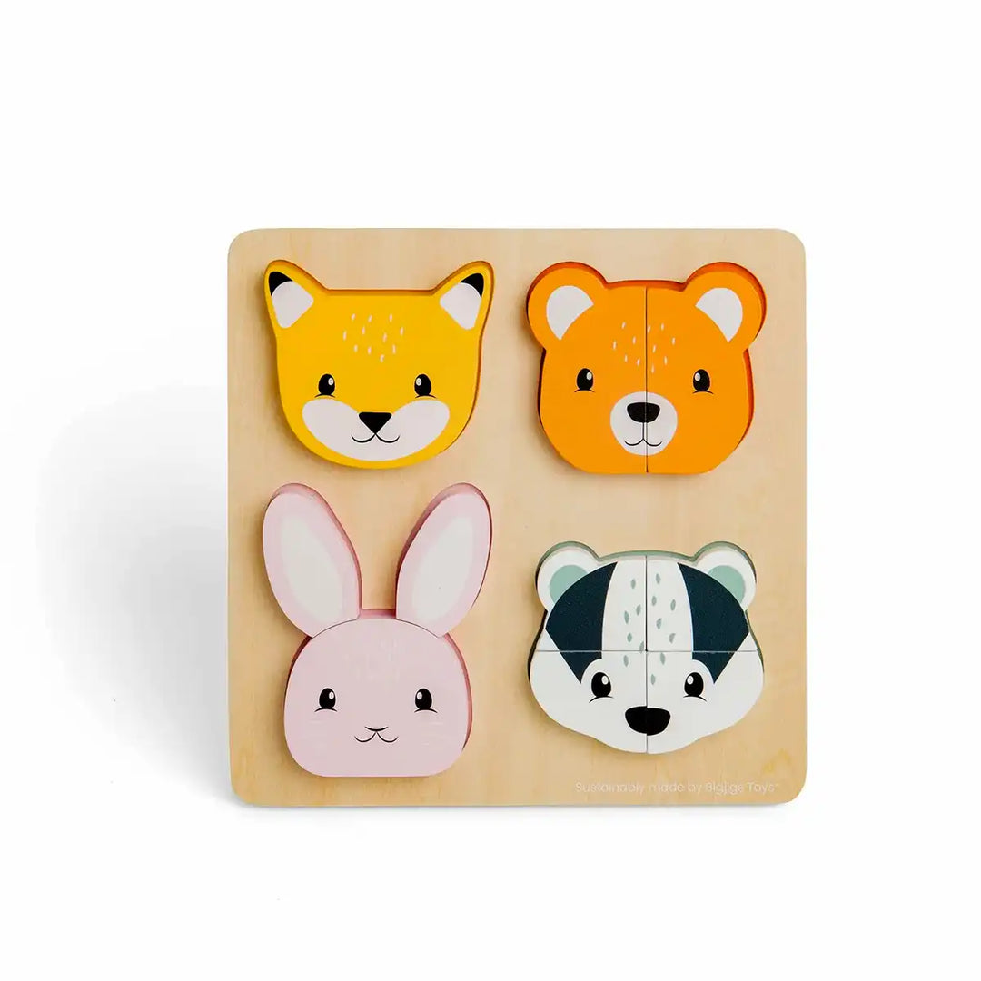 Bigjigs toys woodland counting puzzle with animal faces on a white background