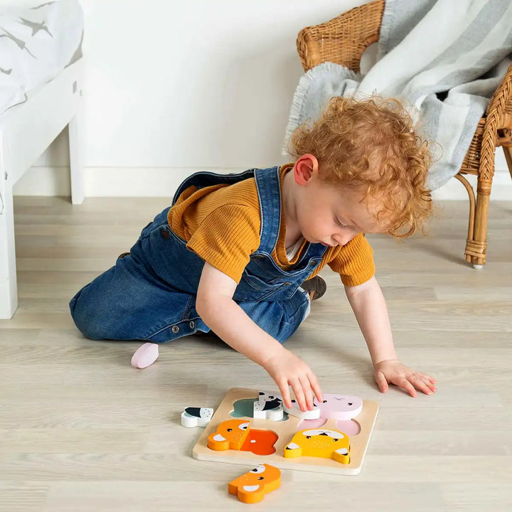 Child playing with a Bigjigs Toys woodland counting puzzle on the floor