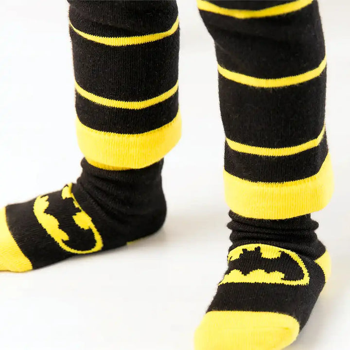 Blade and Rose black and yellow striped socks with Batman logo on a white background