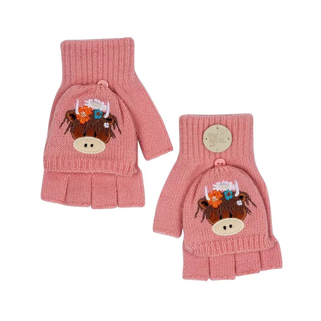 Pair of pink Blade & Rose Bonnie Highland Cow knit fingerless gloves with cow design on a white background