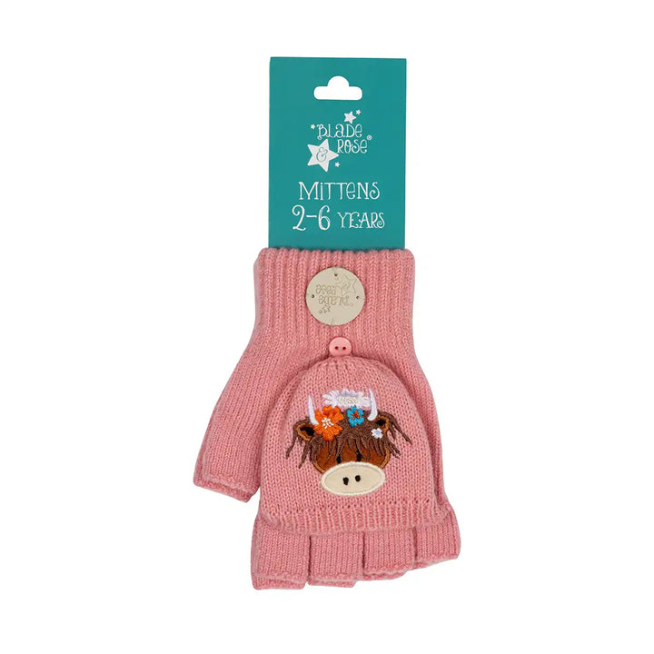 Pair of pink Blade & Rose Bonnie Highland Cow knit fingerless gloves with cow design on a white background