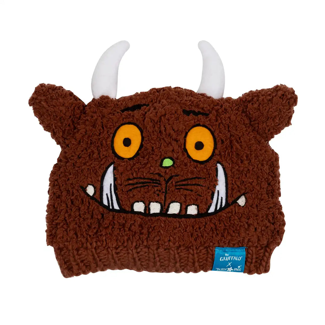 Brown knitted hat with Gruffalo character face and white horns on a white background