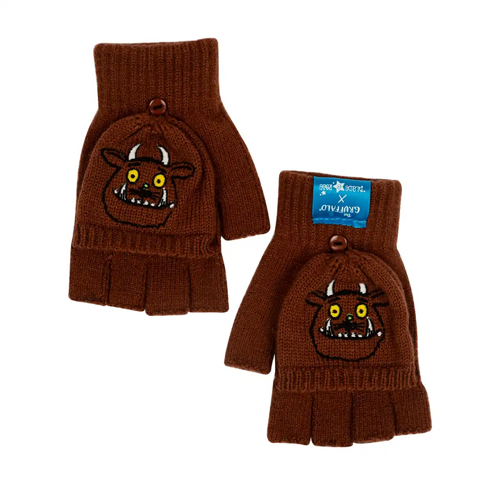Pair of brown gloves with a Blade & Rose Gruffalo character design on a white background