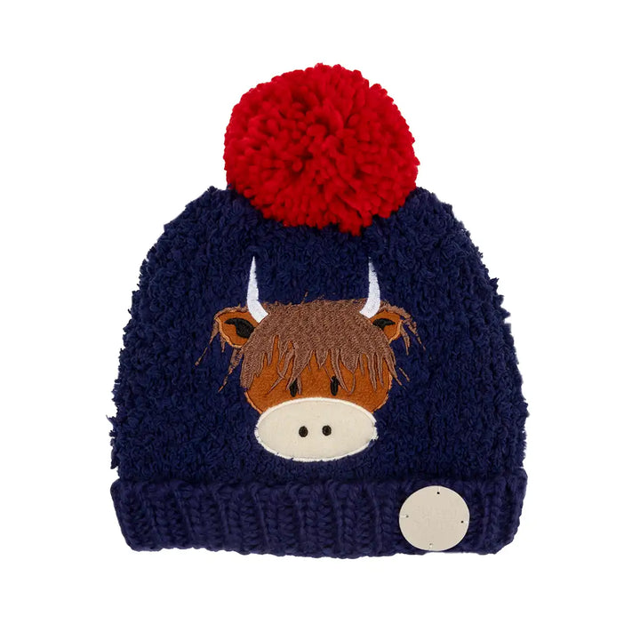 Blade & Rose Hamish Highland Cow blue knit hat with a red pom-pom