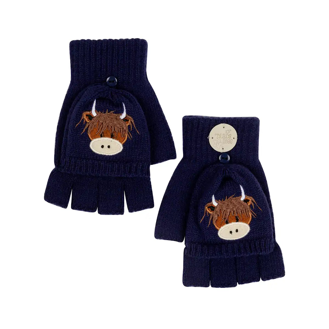 Pair of Blade and Rose Hamish Highland Cow navy blue gloves with cow face design on a white background