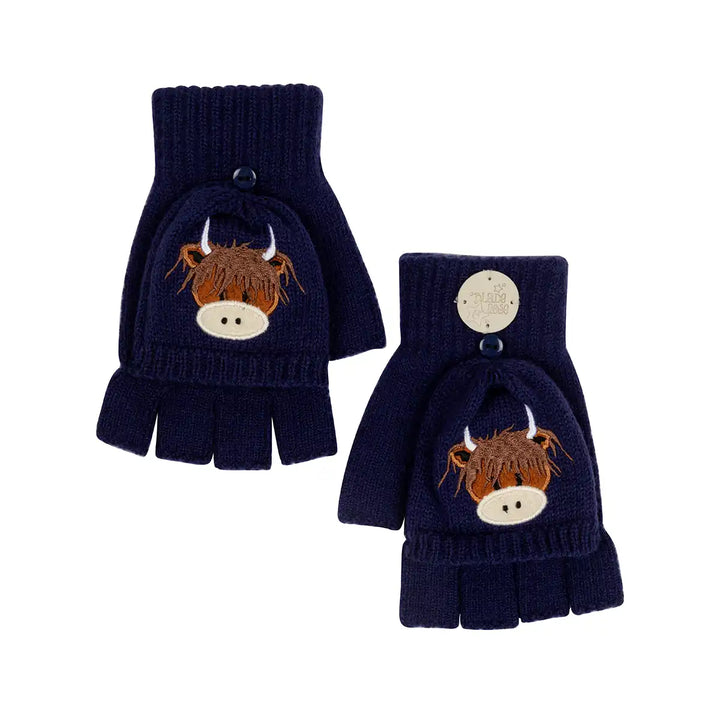 Pair of Blade and Rose Hamish Highland Cow navy blue gloves with cow face design on a white background