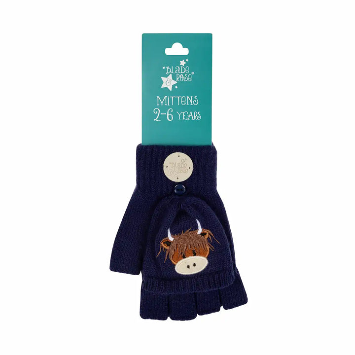 Pair of Blade and Rose Hamish Highland Cow navy blue gloves with cow face design on a white background