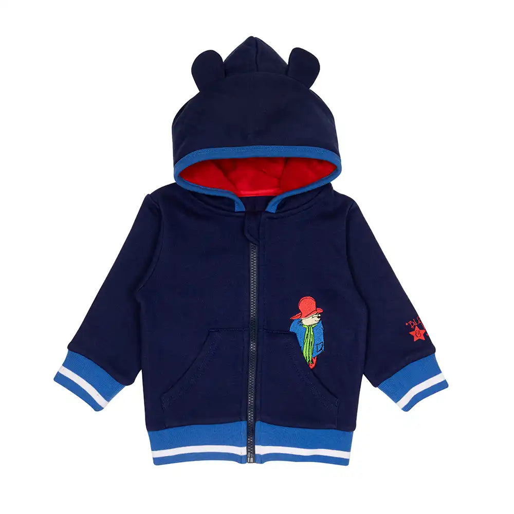Blade & Rose Paddington Out and About Hoodie navy blue hoodie with red interior, Paddington patch, and white trim on a white background