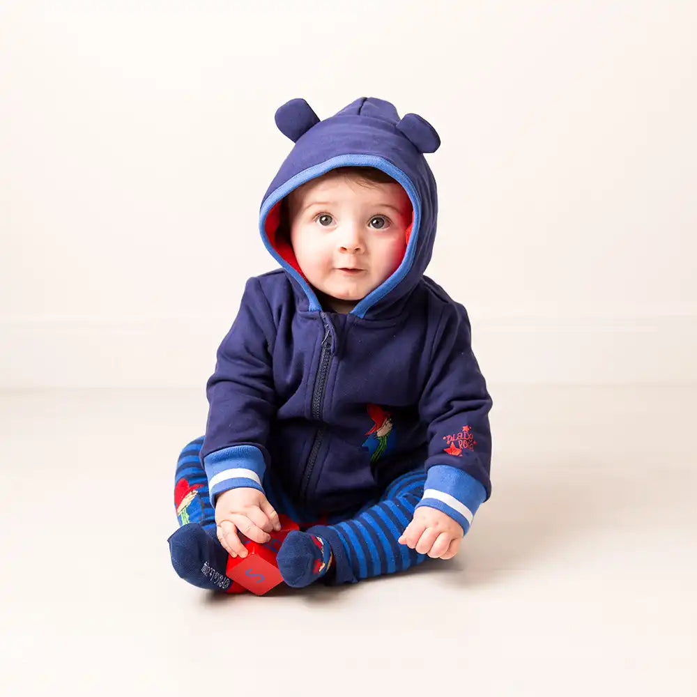 Baby wearing a Blade & Rose Paddington Out and About Hoodie
blue hoodie with bear ears