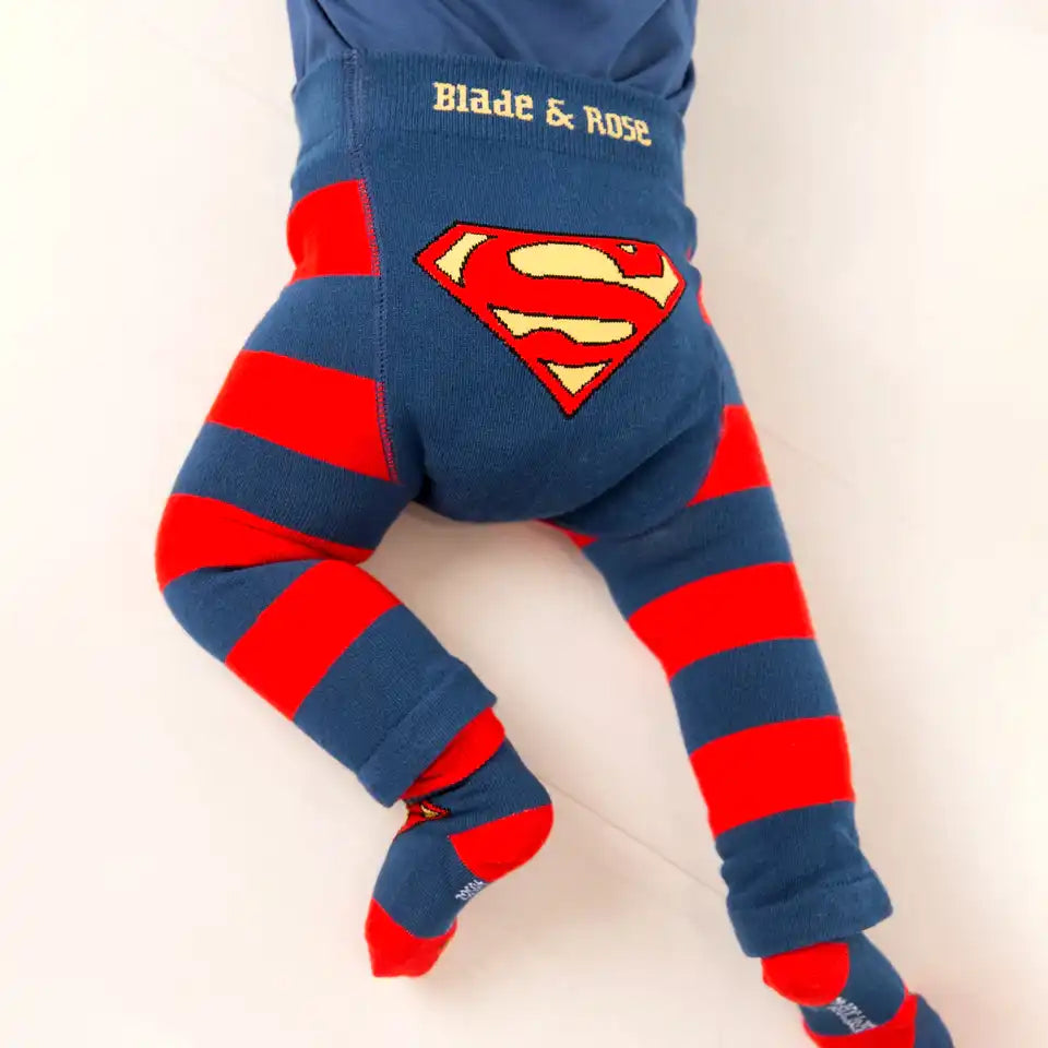 Blade and Rose Blue and red striped leggings with a Superman logo on a white background