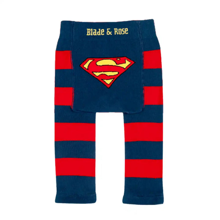 Blade and Rose Superman-themed leggings with red and blue stripes on a white background