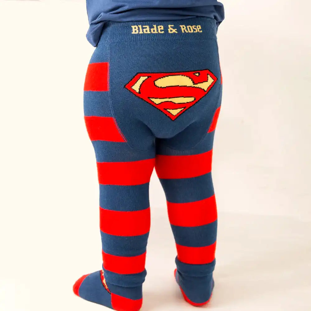 Blue and red striped leggings with Superman logo and 'Blade & Rose' branding.