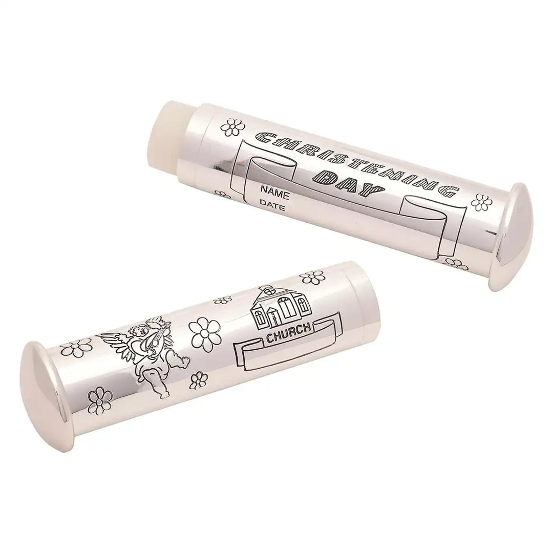 Celebrations silver-plated christening certificate holder in half with church and christening day engraving