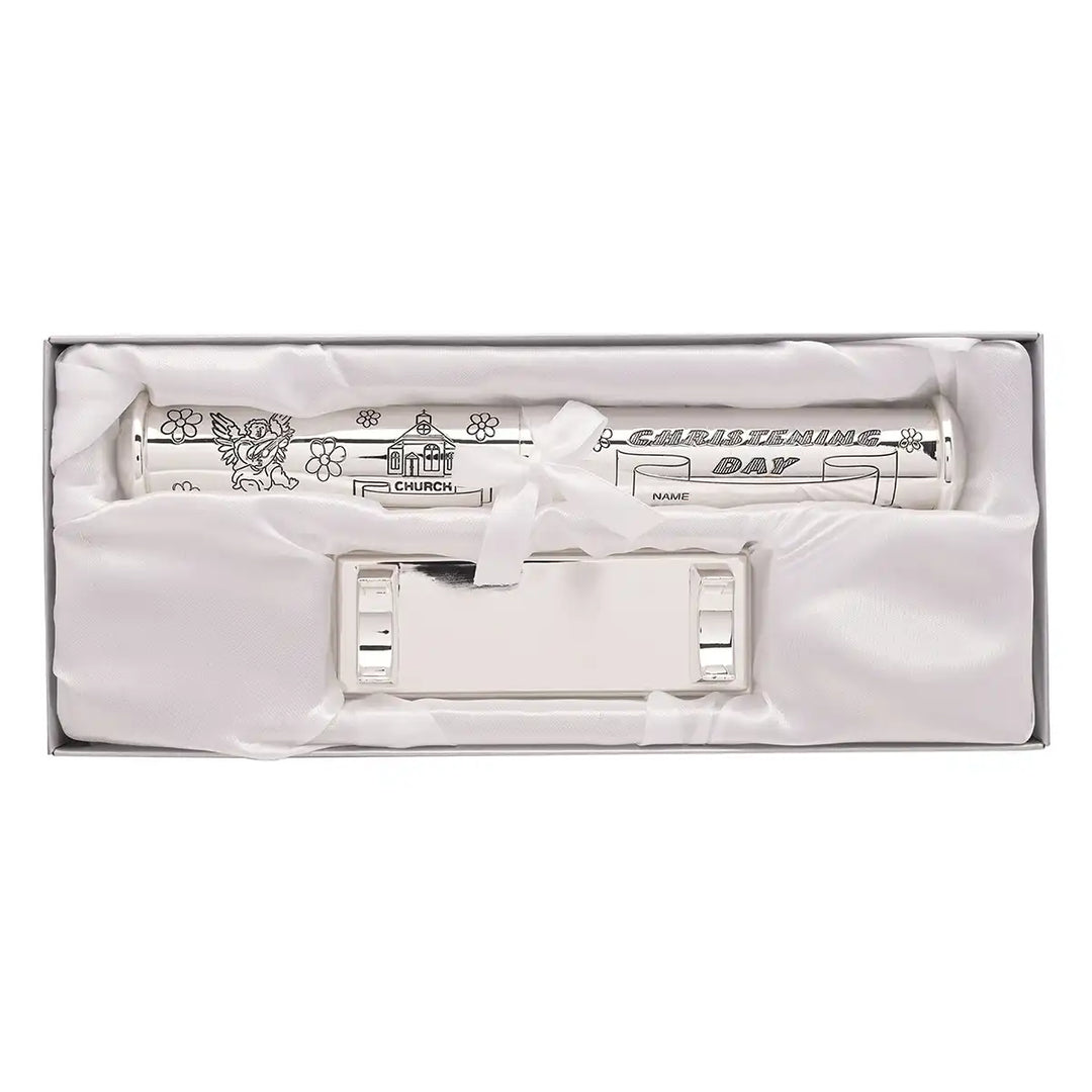 Celebrations silver-plated christening certificate holder in its gift box
