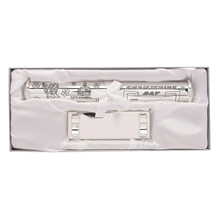Celebrations silver-plated christening certificate holder in its gift box