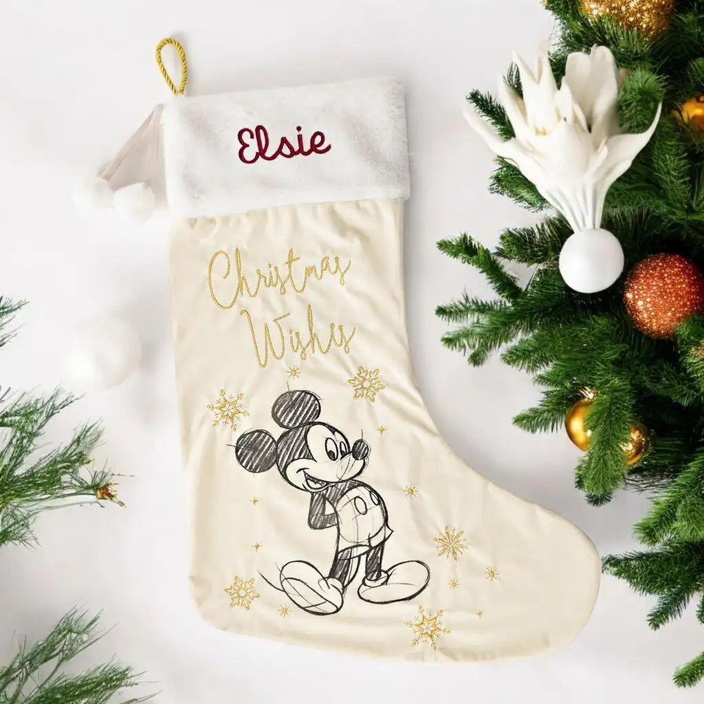 Personalised Disney Mickey Mouse Plush Velvet Christmas Stocking Front Picture Showing Embroidered Name