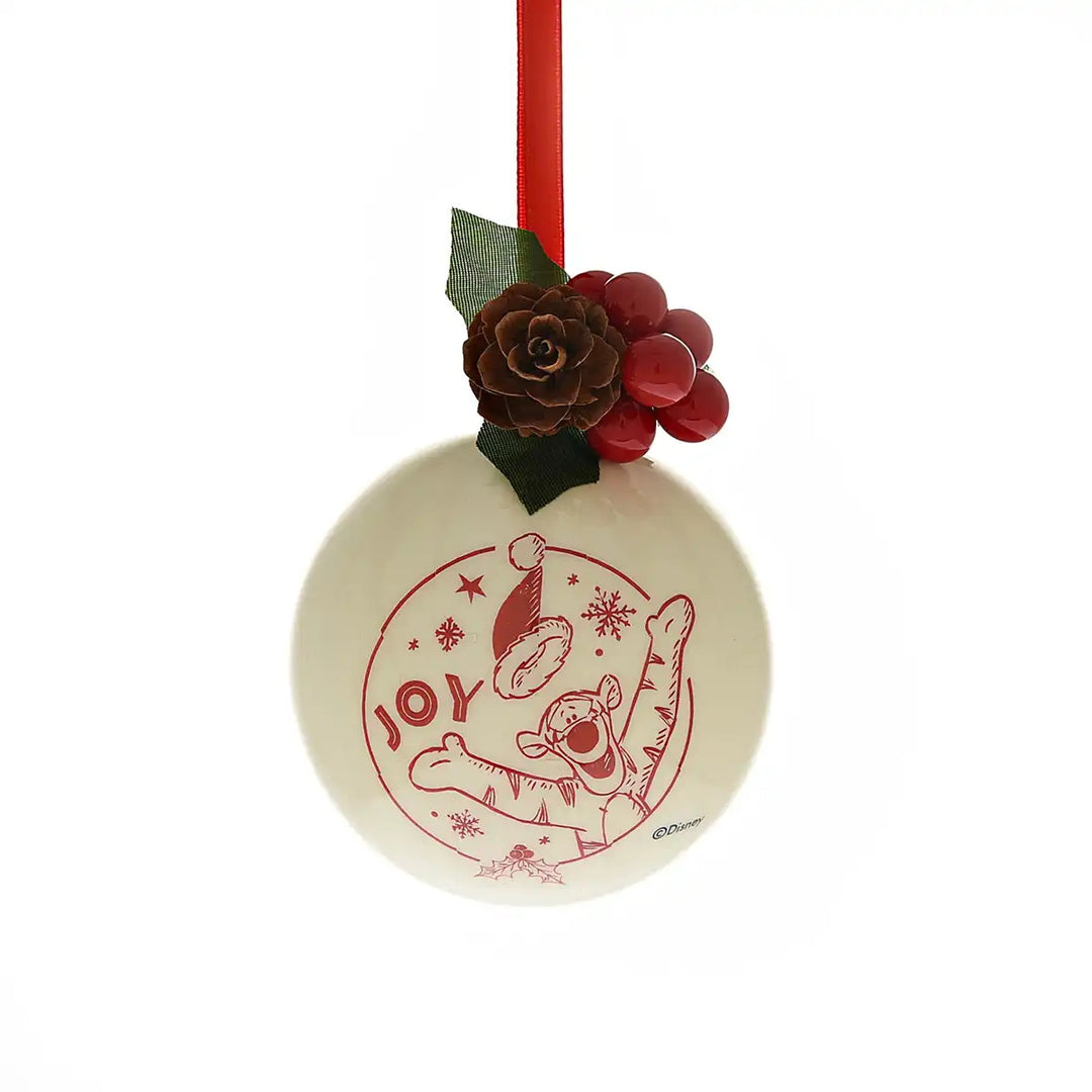 Decorative Winnie the Pooh Christmas ornament with 'JOY' and cartoon design of Tigger on a white background