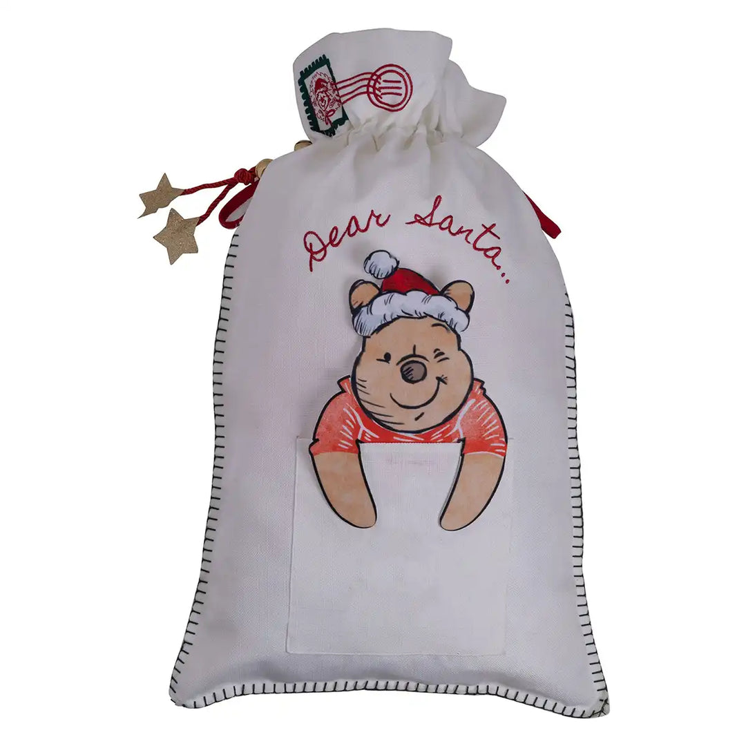 White drawstring bag with a Winnie the Pooh wearing a Santa hat and text 'Dear Santa...' on a white background.