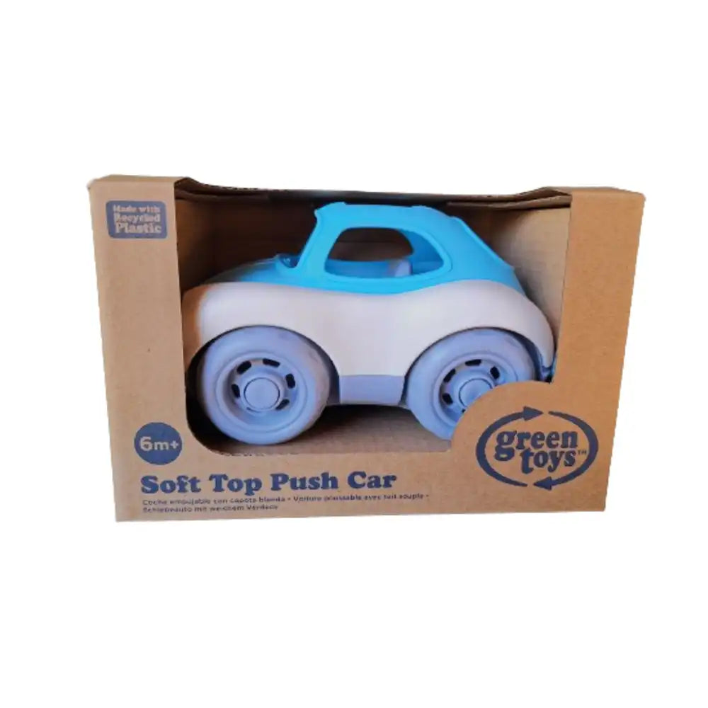 Bigjigs toys recycled plastic toy push car with blue top and beige bottom in its box