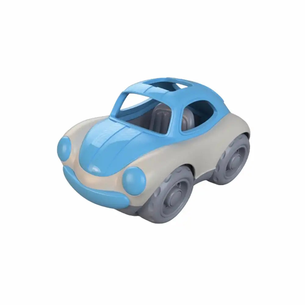 Bigjigs toys recycled plastic toy push car with blue top and beige bottom on a white background