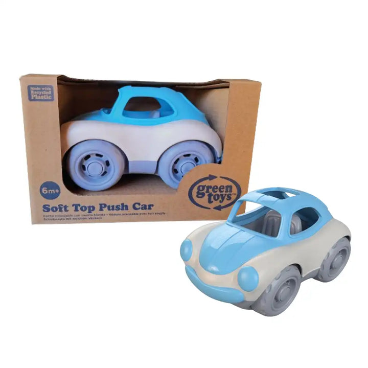 Bigjigs toys recycled plastic toy push car with blue top and beige bottom on a white background with its box