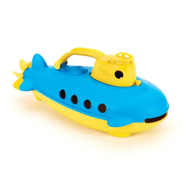 Bigjigs toys recycled plastic submarine with a yellow top and blue body on a white background
