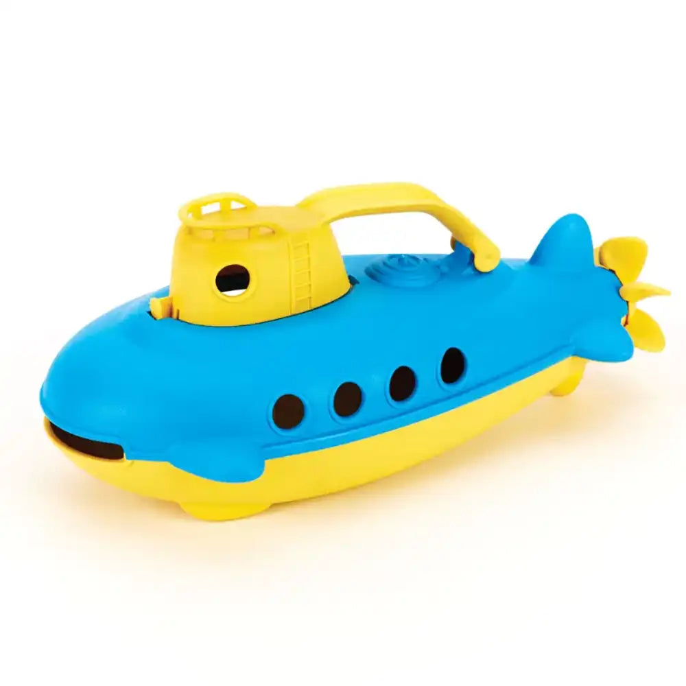 Bigjigs toys recycled plastic submarine with a yellow top and blue body on a white background