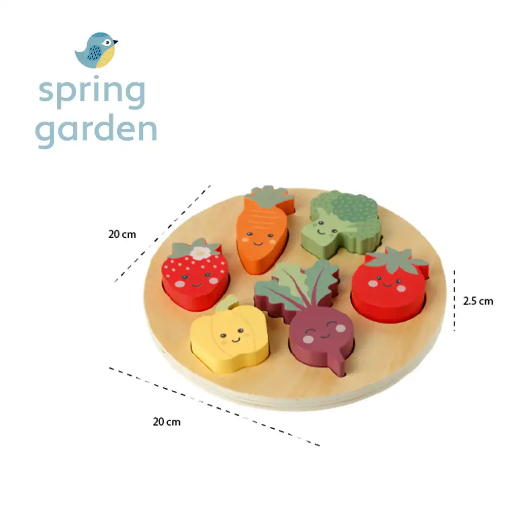 Orange Tree Toys colourful wooden vegetable shapes on a round wooden board with 'spring garden' branding.