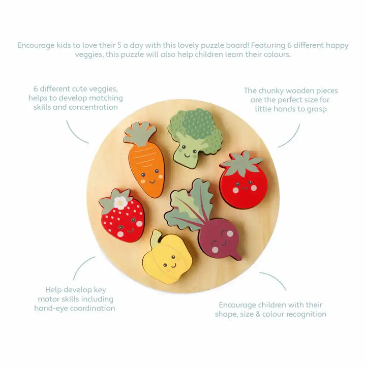 Orange Tree Toys wooden puzzle board with colourful vegetable-shaped pieces on a white background